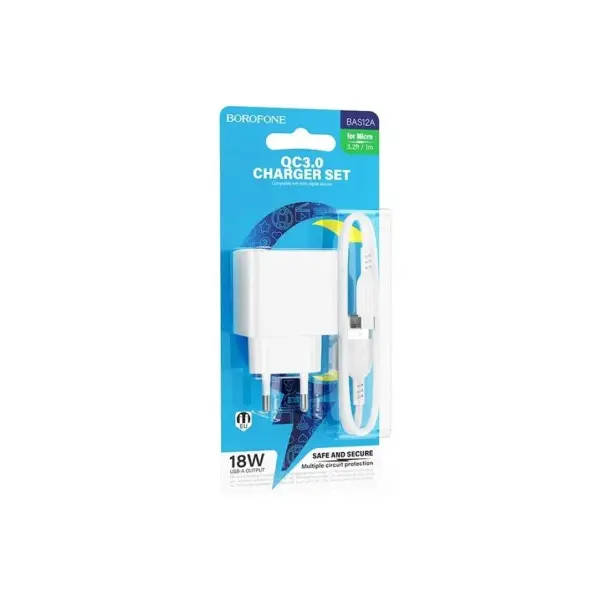 MR4_137603 Мережевий зарядний пристрій borofone bas12a erudite single port 18w, qc3.0, 1usb + micro, білий 