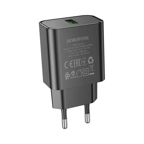 МЕРЕЖЕВИЙ ЗАРЯДНИЙ ПРИСТРІЙ BOROFONE BA72A SPRING 18W, QC3.0, 1USB, ЧОРНИЙ