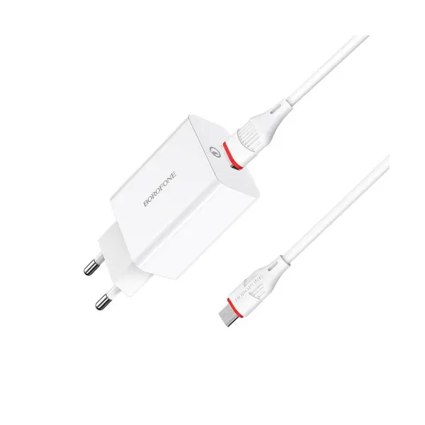 МЕРЕЖЕВИЙ ЗАРЯДНИЙ ПРИСТРІЙ BOROFONE BA21A LONG QC3.0 1USB, 3A, 18W + CABLE MICRO, БІЛИЙ