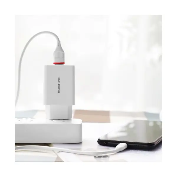 МЕРЕЖЕВИЙ ЗАРЯДНИЙ ПРИСТРІЙ BOROFONE BA21A LONG QC3.0 1USB, 3A, 18W + CABLE MICRO, БІЛИЙ