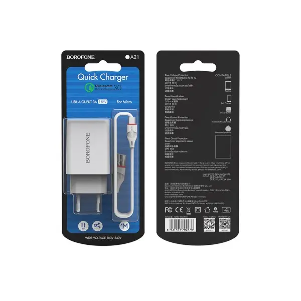 МЕРЕЖЕВИЙ ЗАРЯДНИЙ ПРИСТРІЙ BOROFONE BA21A LONG QC3.0 1USB, 3A, 18W + CABLE MICRO, БІЛИЙ