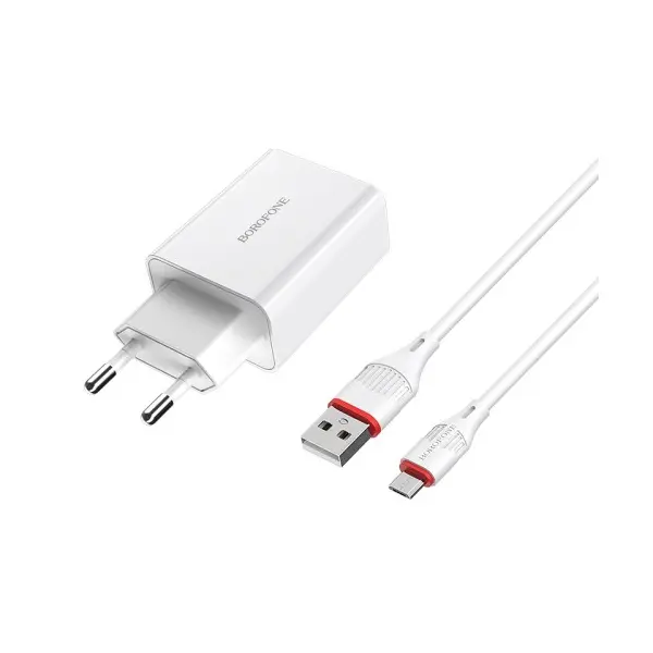 МЕРЕЖЕВИЙ ЗАРЯДНИЙ ПРИСТРІЙ BOROFONE BA21A LONG QC3.0 1USB, 3A, 18W + CABLE MICRO, БІЛИЙ