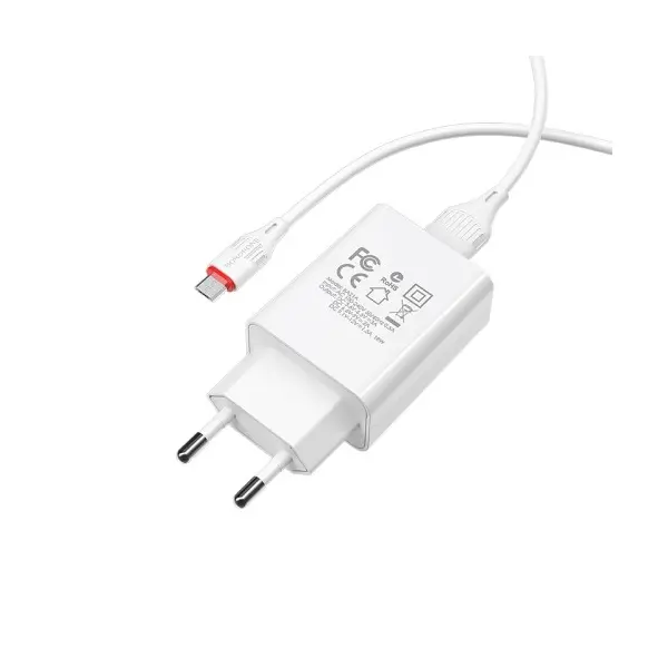 МЕРЕЖЕВИЙ ЗАРЯДНИЙ ПРИСТРІЙ BOROFONE BA21A LONG QC3.0 1USB, 3A, 18W + CABLE MICRO, БІЛИЙ