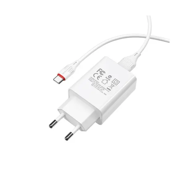 МЕРЕЖЕВИЙ ЗАРЯДНИЙ ПРИСТРІЙ BOROFONE BA21A LONG QC3.0 1USB, 3A, 18W + CABLE TYPE-C, БІЛИЙ