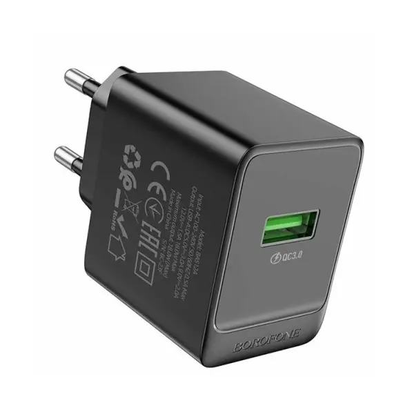MR4_138222 Мережевий зарядний пристрій borofone bas12a erudite single port 18w, qc3.0, 1usb, чорний 