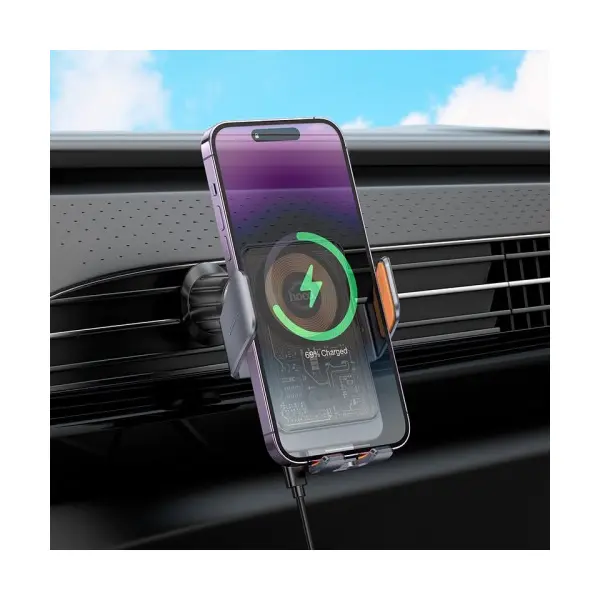 БЕЗДРОТОВИЙ АВТОМОБІЛЬНИЙ ЗАРЯДНИЙ ПРИСТРІЙ HOCO HW7 TRANSPARENT DISCOVERY EDITION WIRELESS FAST CHARGING, ЧОРНИЙ