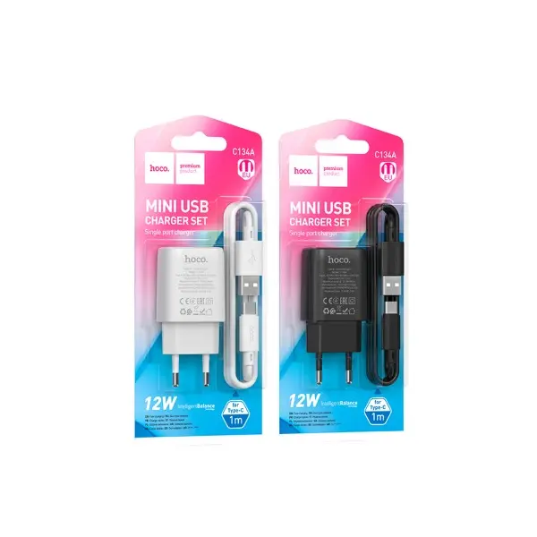 МЕРЕЖЕВИЙ ЗАРЯДНИЙ ПРИСТРІЙ HOCO C134A SOLID SINGLE-PORT CHARGER SET 2,4A (TYPE-C), ЧОРНИЙ