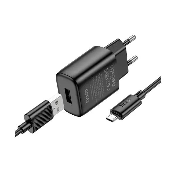 МЕРЕЖЕВИЙ ЗАРЯДНИЙ ПРИСТРІЙ HOCO C134A SOLID SINGLE-PORT CHARGER SET 2,4A (MICRO), ЧОРНИЙ