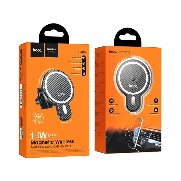 БЕЗДРОТОВИЙ АВТОМОБІЛЬНИЙ ЗАРЯДНИЙ ПРИСТРІЙ HOCO CA85 ULTRA-FAST MAGNETIC WIRELESS CAR HOLDER MAGSAFE7,5W, 5-15W, ЧОРНИЙ