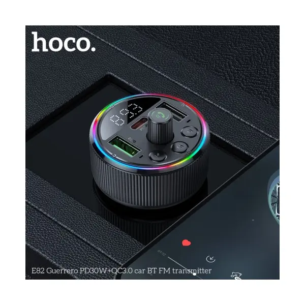 АВТОМОБІЛЬНИЙ ЗАРЯДНИЙ ПРИСТРІЙ + FM МОДУЛЯТОР HOCO E82 GUERRERO, 2XUSB-A, 1XTYPE-C, PD30W, QC3.0, СІРИЙ