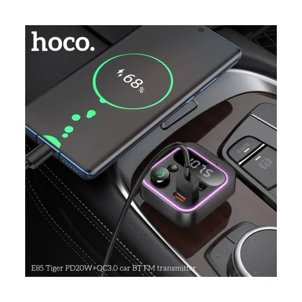 MR4_138655 Автомобільний зарядний пристрій + fm модулятор hoco e85 tiger, 2xusb-a, 1xtype-c, pd20w, qc3.0, сірий HOCO