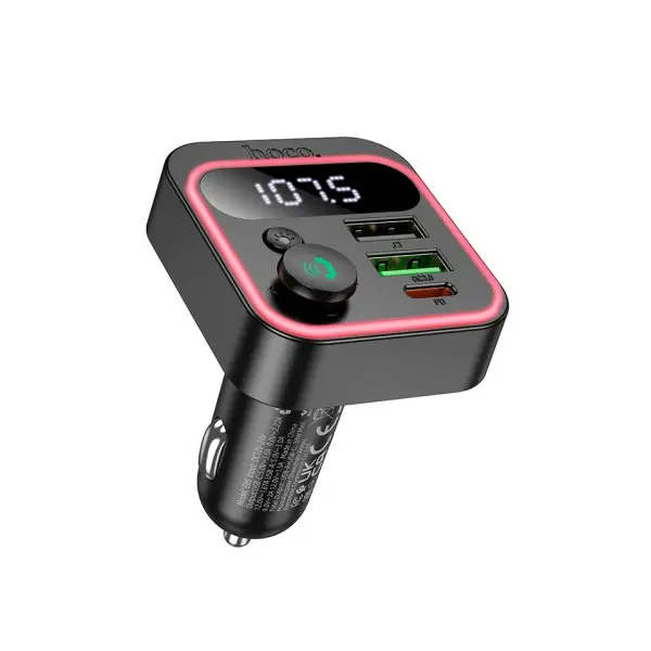 АВТОМОБІЛЬНИЙ ЗАРЯДНИЙ ПРИСТРІЙ + FM МОДУЛЯТОР HOCO E85 TIGER, 2XUSB-A, 1XTYPE-C, PD20W, QC3.0, СІРИЙ