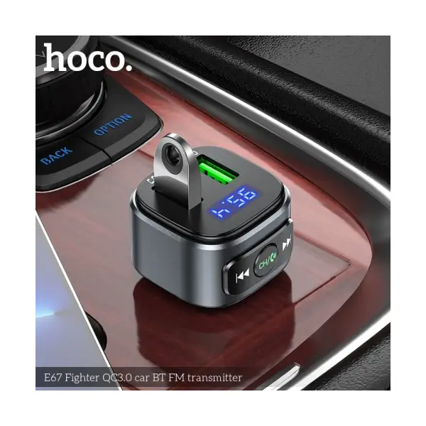 АВТОМОБІЛЬНИЙ ЗАРЯДНИЙ ПРИСТРІЙ + FM МОДУЛЯТОР HOCO E67 FIGHTER, 2XUSB-A, QC3.0, BT5.0, ЧОРНИЙ