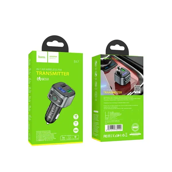 АВТОМОБІЛЬНИЙ ЗАРЯДНИЙ ПРИСТРІЙ + FM МОДУЛЯТОР HOCO E67 FIGHTER, 2XUSB-A, QC3.0, BT5.0, ЧОРНИЙ