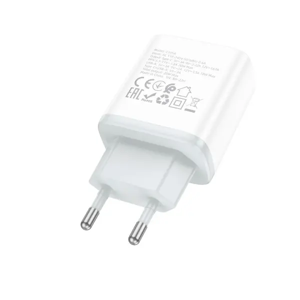 МЕРЕЖЕВИЙ ЗАРЯДНИЙ ПРИСТРІЙ HOCO C105A STAGE 1TYPE-C, 1USB-A, PD20W, QC3.0, 3A, БІЛИЙ