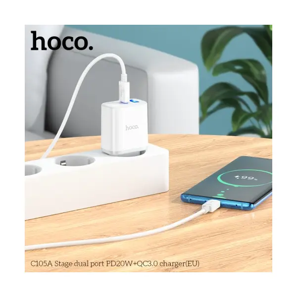МЕРЕЖЕВИЙ ЗАРЯДНИЙ ПРИСТРІЙ HOCO C105A STAGE 1TYPE-C, 1USB-A, PD20W, QC3.0, 3A, БІЛИЙ