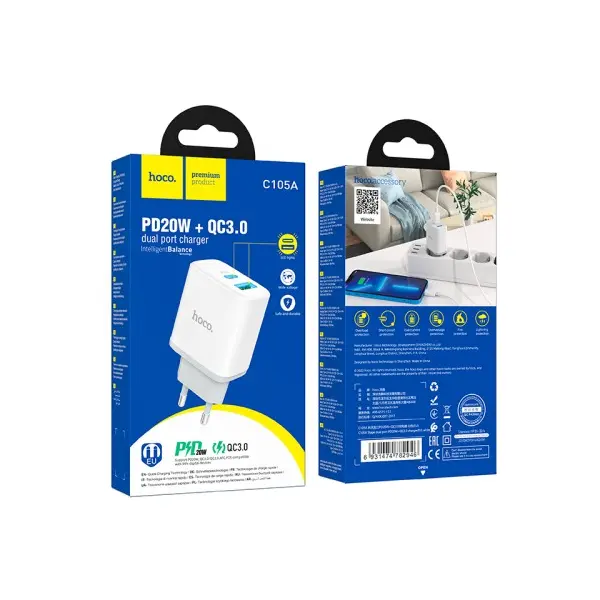 МЕРЕЖЕВИЙ ЗАРЯДНИЙ ПРИСТРІЙ HOCO C105A STAGE 1TYPE-C, 1USB-A, PD20W, QC3.0, 3A, БІЛИЙ