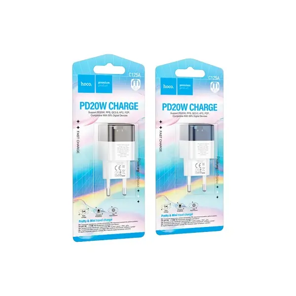 МЕРЕЖЕВИЙ ЗАРЯДНИЙ ПРИСТРІЙ HOCO C125A TRANSPARENT TRIBUTE SINGLE-PORT PD20W CHARGER, ЧОРНИЙ, БІЛИЙ