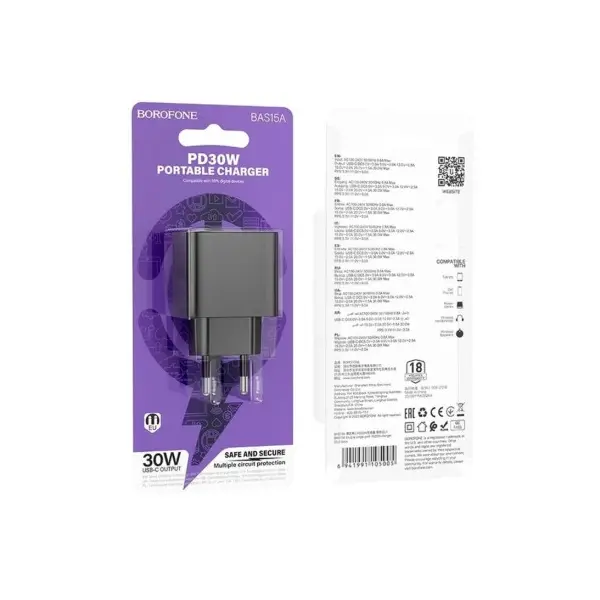 МЕРЕЖЕВИЙ ЗАРЯДНИЙ ПРИСТРІЙ BOROFONE BAS15A ERUDITE SINGLE PORT PD30W, ЧОРНИЙ