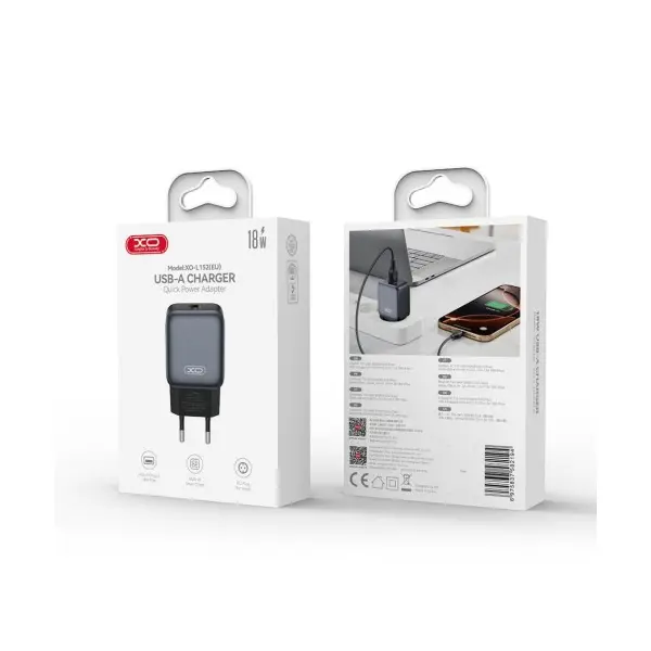 МЕРЕЖЕВИЙ ЗАРЯДНИЙ ПРИСТРІЙ XO L152 (EU) QC18W 1USB-A FAST CHARGER, ЧОРНИЙ