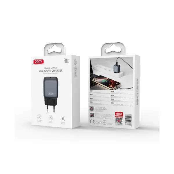 МЕРЕЖЕВИЙ ЗАРЯДНИЙ ПРИСТРІЙ XO L155 (EU) PD30W 1TYPE-C FAST CHARGER, ЧОРНИЙ