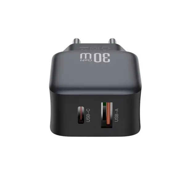 МЕРЕЖЕВИЙ ЗАРЯДНИЙ ПРИСТРІЙ XO L156 (EU) PD30W, QC18W (1A1C) FAST CHARGER, ЧОРНИЙ