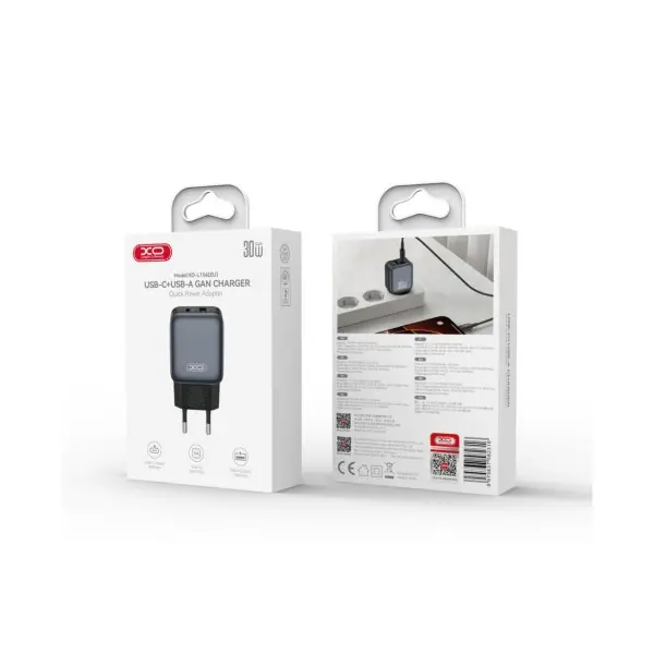 МЕРЕЖЕВИЙ ЗАРЯДНИЙ ПРИСТРІЙ XO L156 (EU) PD30W, QC18W (1A1C) FAST CHARGER, ЧОРНИЙ