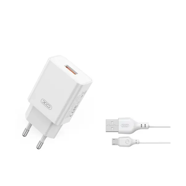 МЕРЕЖЕВИЙ ЗАРЯДНИЙ ПРИСТРІЙ XO L127 USB-A QC18W FAST CHARGING CHARGER WITH MICRO CABLE, БІЛИЙ