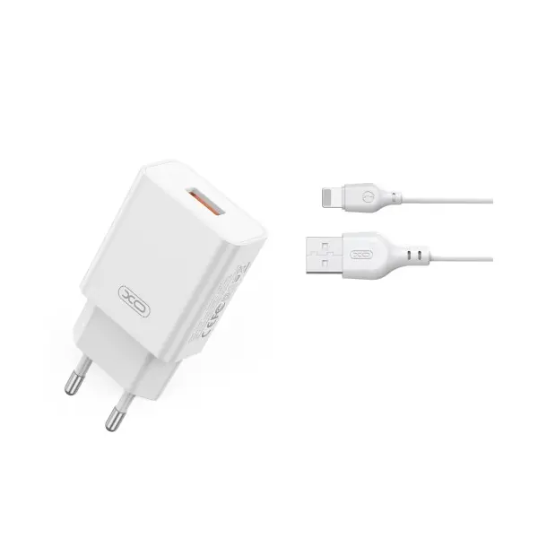 МЕРЕЖЕВИЙ ЗАРЯДНИЙ ПРИСТРІЙ XO L127 USB-A QC18W FAST CHARGING CHARGER WITH LIGHTNING CABLE, БІЛИЙ
