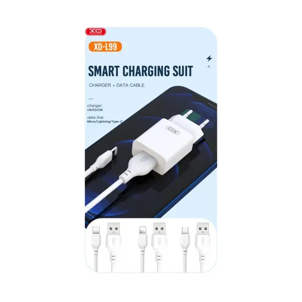 МЕРЕЖЕВИЙ ЗАРЯДНИЙ ПРИСТРІЙ XO L99 (EU) 2.4A HOME CHARGER WITH MICRO CABLE, БІЛИЙ
