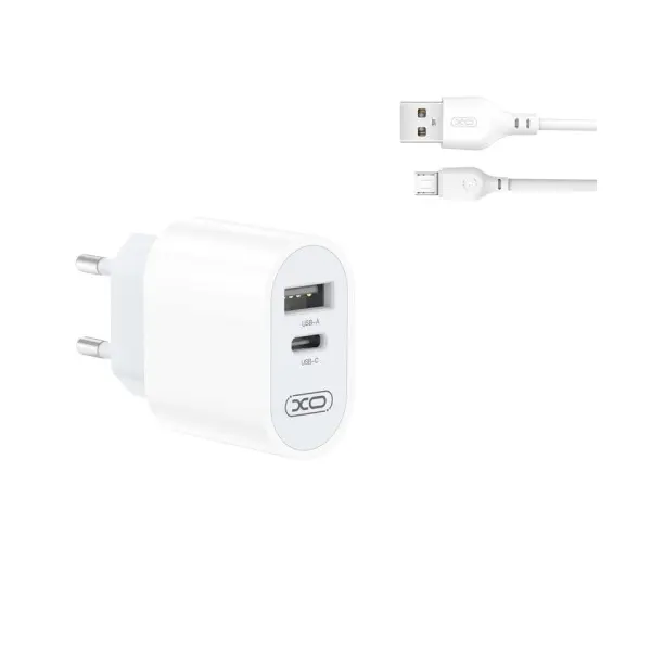 МЕРЕЖЕВИЙ ЗАРЯДНИЙ ПРИСТРІЙ XO L97 A+C DUAL PORT HOME CHARGER WITH MICRO CABLE, БІЛИЙ