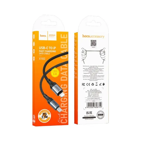 КАБЕЛЬ PD HOCO X102 FRESH PD CHARGING DATA CABLE LIGHTNING 27W, 1M, ЧОРНИЙ