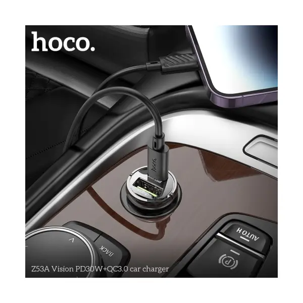 АВТОМОБІЛЬНИЙ ЗАРЯДНИЙ ПРИСТРІЙ HOCO Z53A VISION PD30W, QC3.0, TRANSPARENT, ЧОРНИЙ
