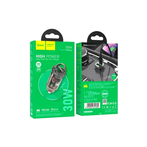 АВТОМОБІЛЬНИЙ ЗАРЯДНИЙ ПРИСТРІЙ HOCO Z53A VISION PD30W, QC3.0, TRANSPARENT, ЧОРНИЙ