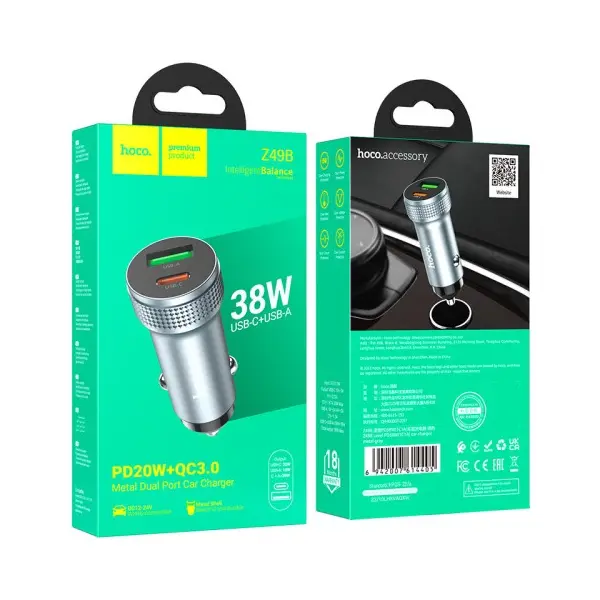 MR4_142600 Автомобільний зарядний пристрій hoco z49b level pd38w (1c1a) car charger metal, сірий HOCO