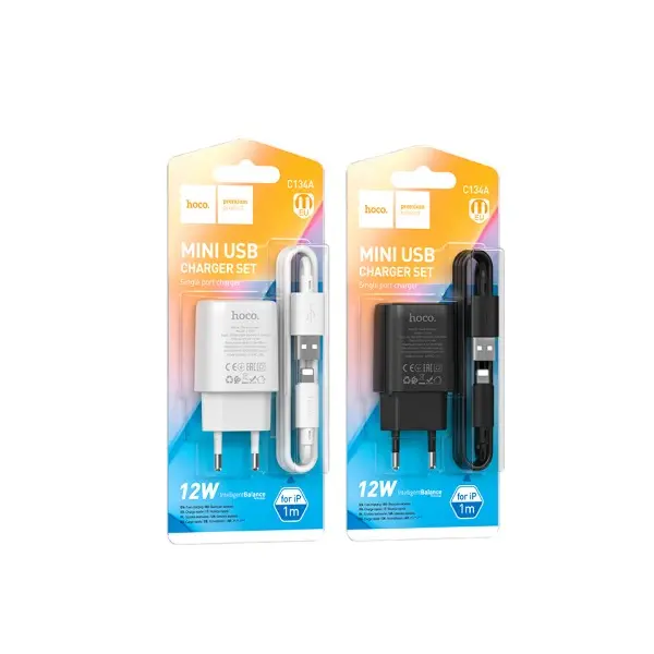 МЕРЕЖЕВИЙ ЗАРЯДНИЙ ПРИСТРІЙ HOCO C134A SOLID SINGLE-PORT CHARGER + LIGHTNING CABLE, ЧОРНИЙ