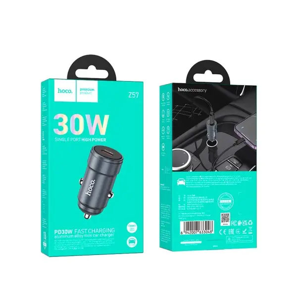 АВТОМОБІЛЬНИЙ ЗАРЯДНИЙ ПРИСТРІЙ HOCO Z57 GLORIOUS SINGLE-PORT PD30W CAR CHARGER METAL, СІРИЙ