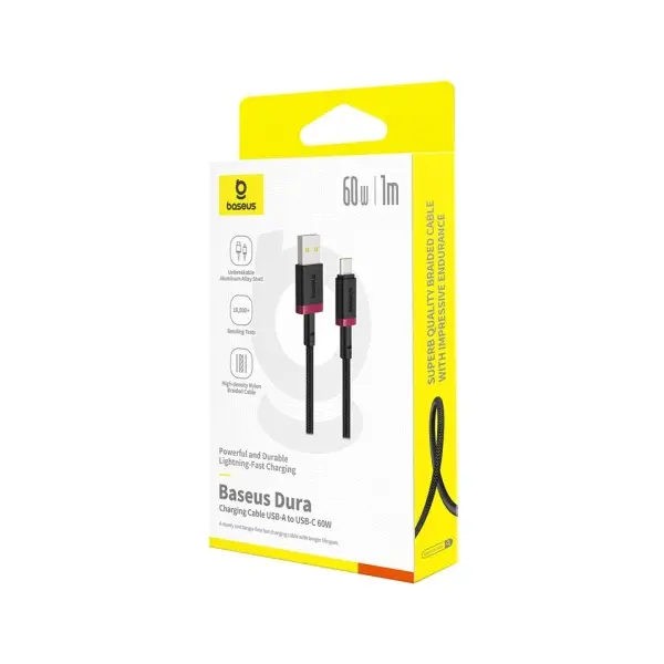 КАБЕЛЬ BASEUS DURA SERIES USB-A TO TYPE-C 60W 1M, ЧОРНИЙ-ЧЕРВОНИЙ P10377802U01-01