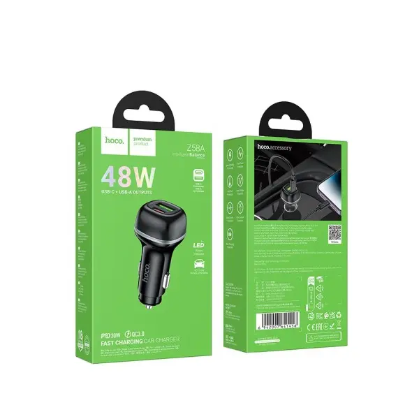 АВТОМОБІЛЬНИЙ ЗАРЯДНИЙ ПРИСТРІЙ HOCO Z58A RANK 48W DUAL PORT PD30W, QC3.0, CAR CHARGER, ЧОРНИЙ