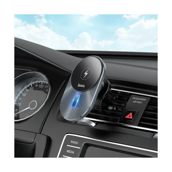 БЕЗДРОТОВИЙ АВТОМОБІЛЬНИЙ ЗАРЯДНИЙ ПРИСТРІЙ HOCO CA91 MAGIC MAGNETIC WIRELESS FAST CHARGING CAR HOLDER 5W-15W, СІРИЙ