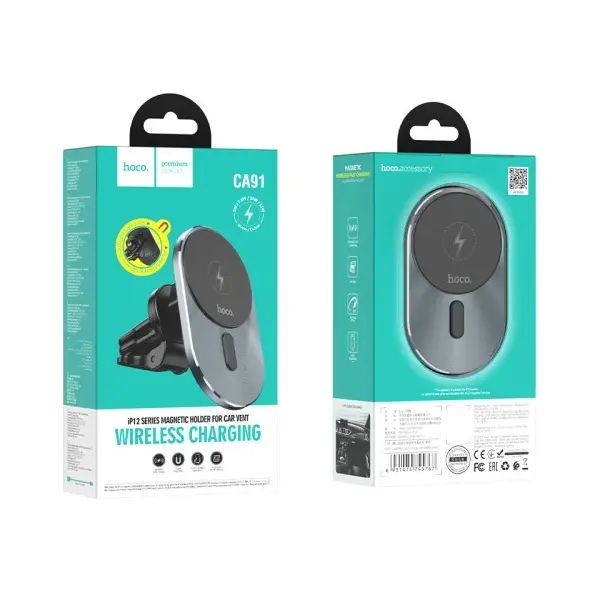 БЕЗДРОТОВИЙ АВТОМОБІЛЬНИЙ ЗАРЯДНИЙ ПРИСТРІЙ HOCO CA91 MAGIC MAGNETIC WIRELESS FAST CHARGING CAR HOLDER 5W-15W, СІРИЙ