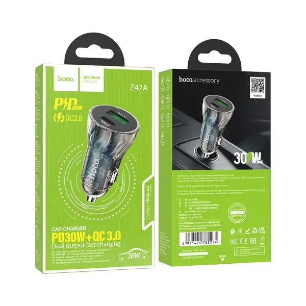 MR4_144037 Автомобільний зарядний пристрій hoco z56 friend pd35w+qc3.0 cigarette lighter car charger metal, сірий HOCO