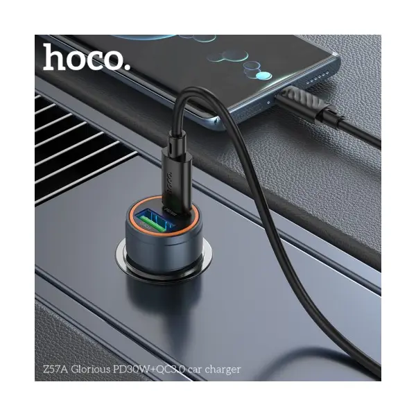 АВТОМОБІЛЬНИЙ ЗАРЯДНИЙ ПРИСТРІЙ HOCO Z57A GLORIOUS PD30W, QC3.0, CAR CHARGER METAL, СІРИЙ