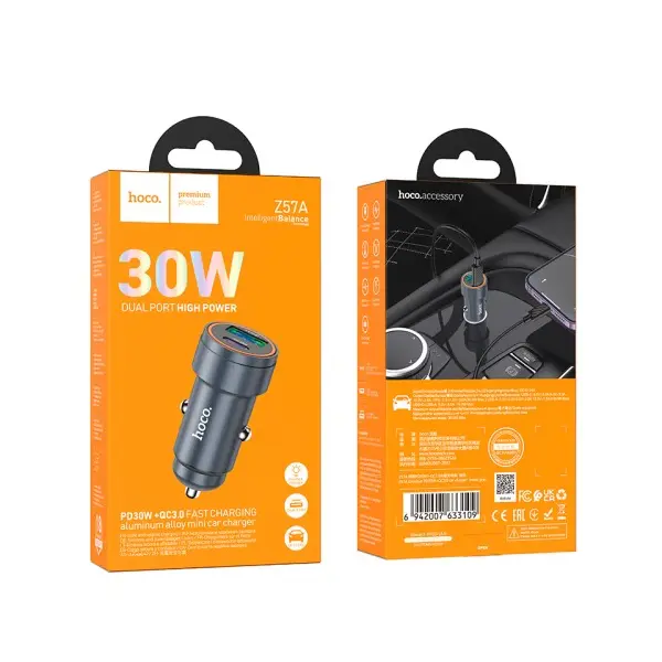 АВТОМОБІЛЬНИЙ ЗАРЯДНИЙ ПРИСТРІЙ HOCO Z57A GLORIOUS PD30W, QC3.0, CAR CHARGER METAL, СІРИЙ