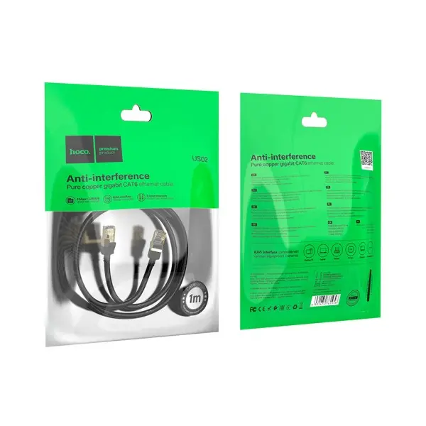 КАБЕЛЬ ІНТЕРНЕТУ LAN HOCO US02 LEVEL PURE COPPER GIGABIT ETHERNET CABLE 1GB 125MB/S 1M, ЧОРНИЙ