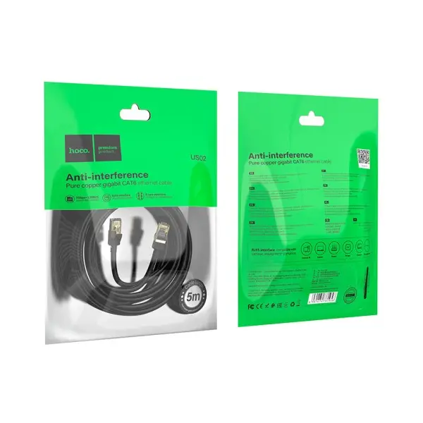 КАБЕЛЬ ІНТЕРНЕТУ LAN HOCO US02 LEVEL PURE COPPER GIGABIT ETHERNET CABLE 1GB 125MB/S 5M, ЧОРНИЙ