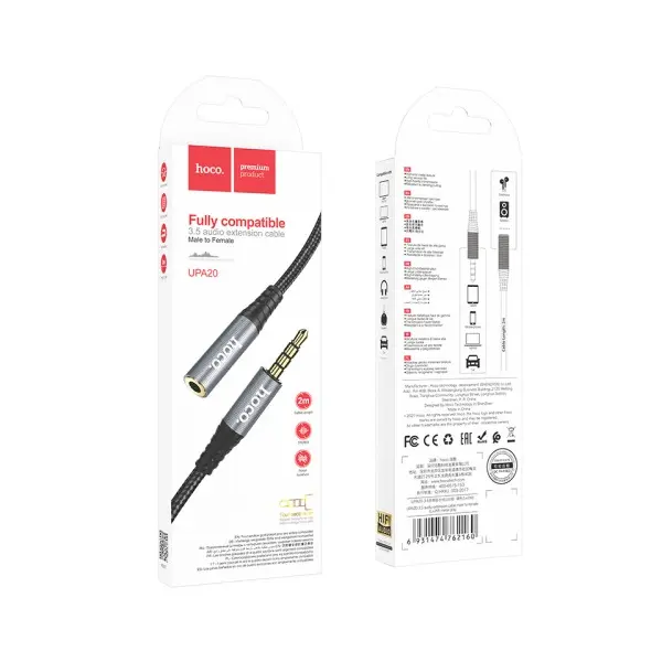 ПОДОВЖУВАЧ AUDIO HOCO UPA20 3.5 AUDIO EXTENSION CABLE MALE TO FEMALE (L=2M) 2M, METAL, СІРИЙ