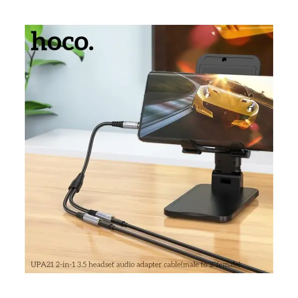 MR4_143989 Адаптер аудіо hoco upa21 2in1 3.5 audio adapter cable (male to 2x female) 0.25m, темно-сірий 