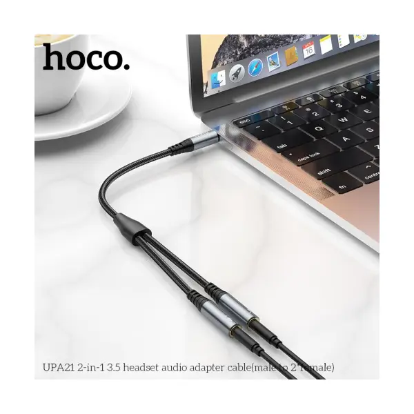 АДАПТЕР АУДІО HOCO UPA21 2IN1 3.5 AUDIO ADAPTER CABLE (MALE TO 2X FEMALE) 0.25M, ТЕМНО-СІРИЙ