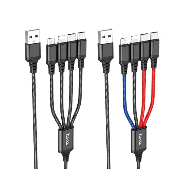 КАБЕЛЬ HOCO X76 4IN1 SUPER CHARGING CABLE (TYPE-C+TYPE-C+IP+MICRO) 2A, 1M, ЧОРНИЙ